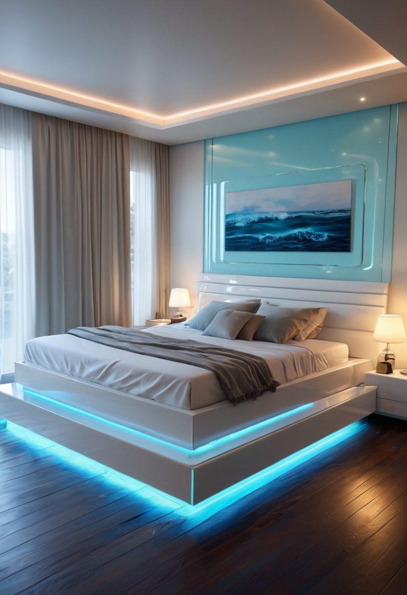 A serene bedroom featuring a sleek, modern waterbed with gentle waves, illuminated by a soft, soothing light. The bed should have a futuristic design with integrated technology panels. Showcase a person peacefully sleeping, with an emphasis on comfort and relaxation. super-realistic. calming colors. bedroom setting.