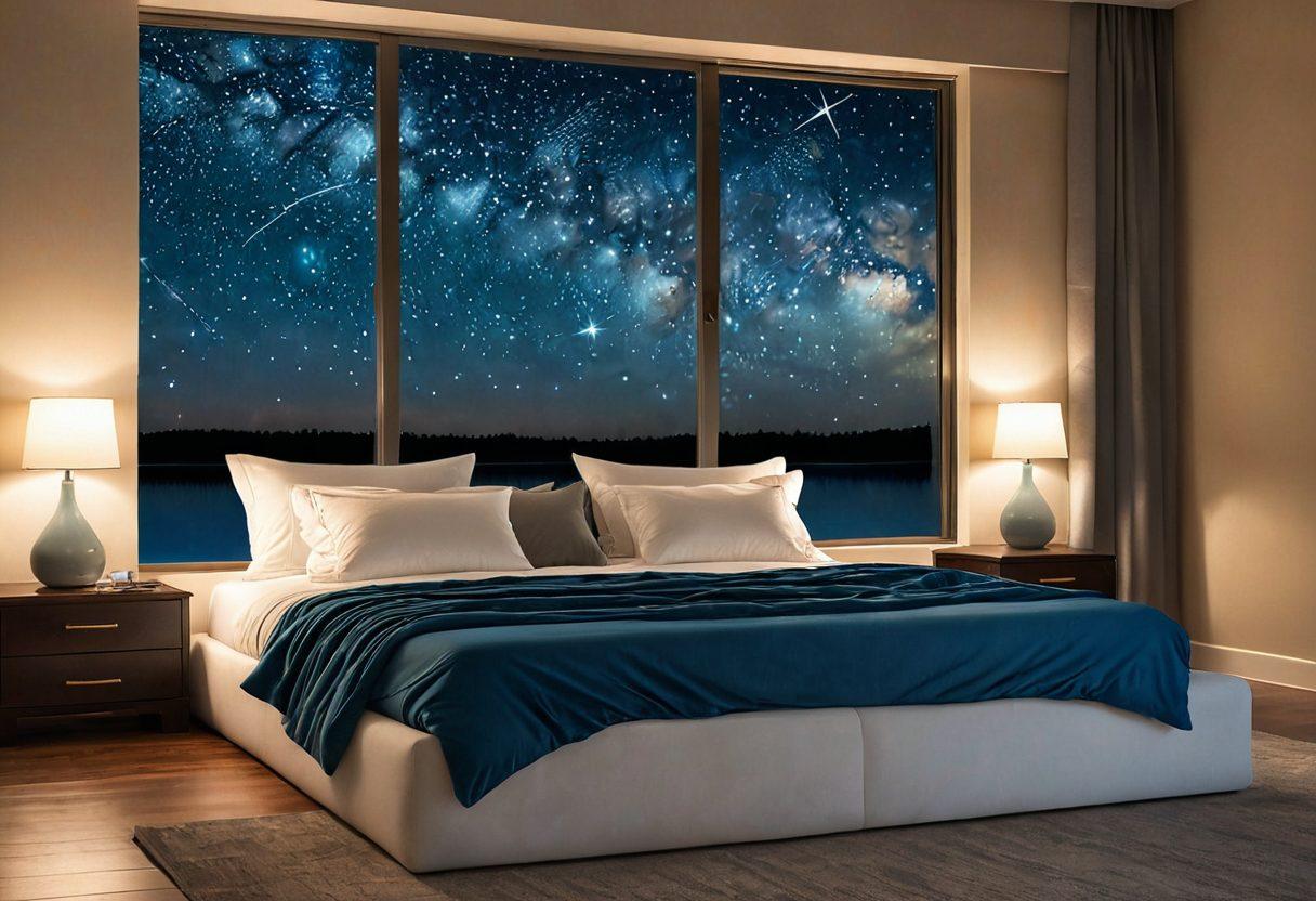 A serene bedroom with a luxurious waterbed at its center, adorned with plush pillows and a cozy blanket, bathed in the gentle glow of a bedside lamp. The backdrop features a large window offering a view of a calm night sky with twinkling stars. The room should evoke a sense of ultimate comfort and tranquility. super-realistic. warm, soft lighting. vibrant colors.